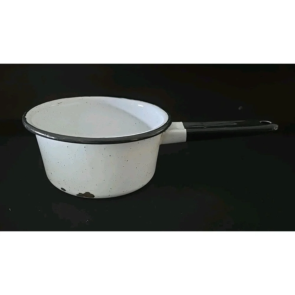 Antique Farmhouse White/Black speck Enamelware black trim saucepan / nesting pot